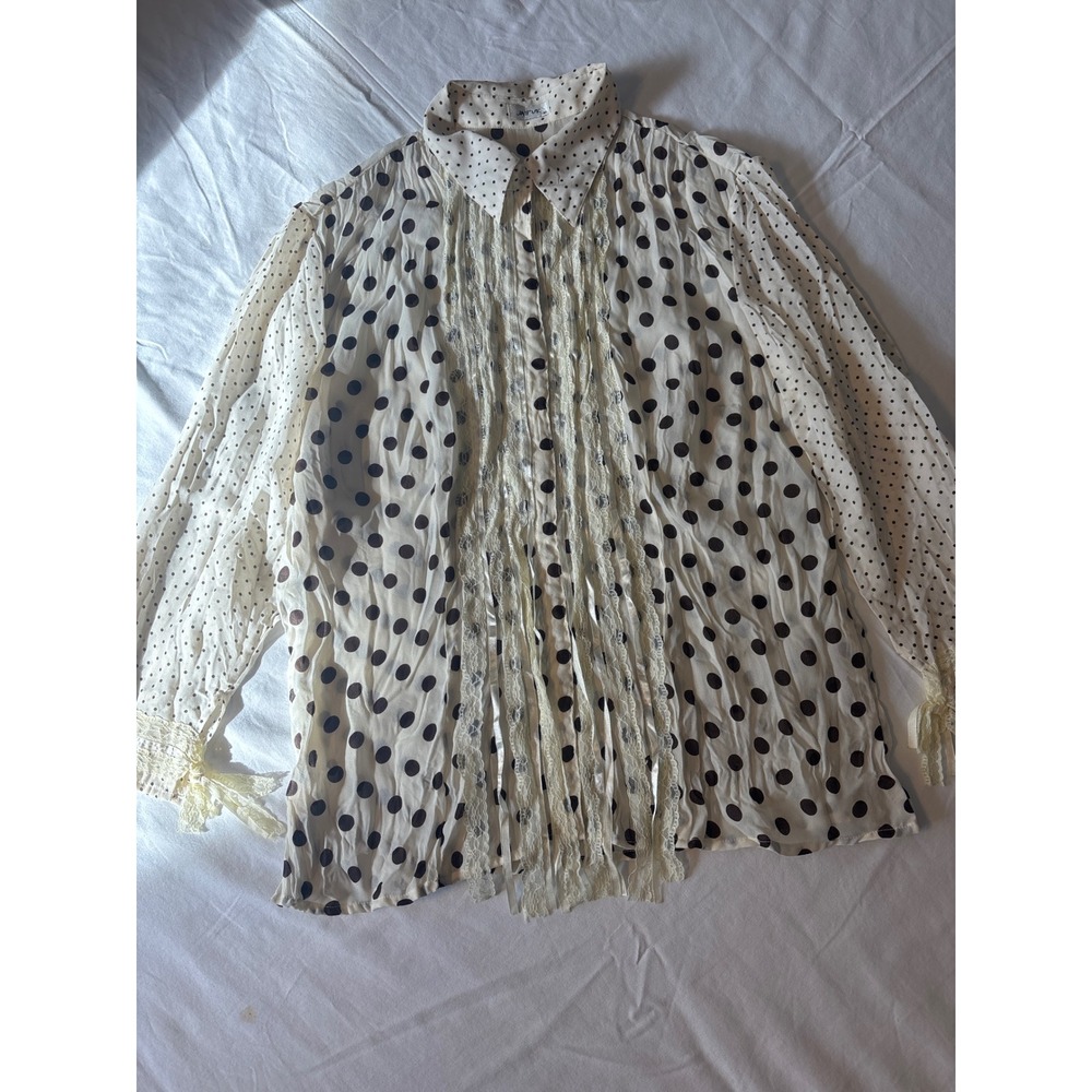Jaipur Polka Dot Blouse Womens XL Cream Black  Lace Trim Button Down - Picture 2 of 11